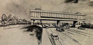 Sketch of a building above a motorway.