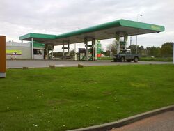 Looking at a BP forecourt with a flat roof.